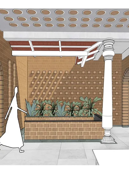 An illustration for the 'Burli' project, showcasing a courtyard with a planter box and a jali (screen) wall for ventilation.