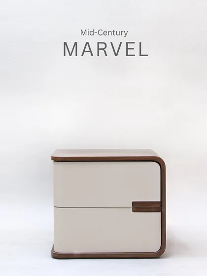 A mid-century marvel. This side table features a beautiful walnut veneer with rounded corners and an integrated handle, showcasing the elegance of minimalist design.