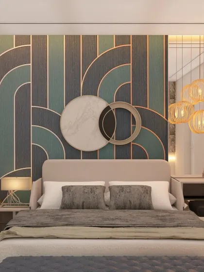 A contemporary bedroom featuring a geometric-patterned accent wall in shades of teal and grey. The design is complemented by unique pendant lights and a sleek, integrated dressing table.