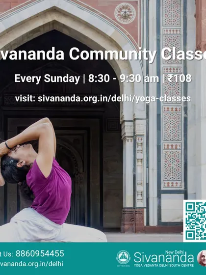 This image announces our weekly Sunday community classes. The practitioner is in Eka Pada Rajakapotasana (One-Legged King Pigeon Pose), showcasing the grace and strength developed through yoga.