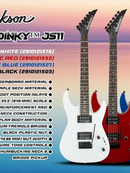 Explore the color options for the Jackson JS Series Dinky JS11. This graphic details the specs, from the poplar body and maple neck to the high-output humbucking pickups, available in Snow White, Metallic Red, Metallic Blue, and Gloss Black.