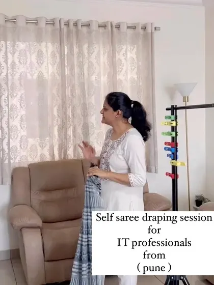 An IT professional from Pune during her online class. The draping stand is an essential tool I use to make online learning effective.