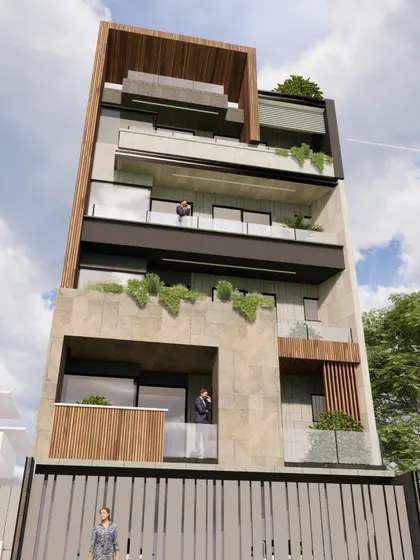 This facade concept uses a variety of earthy textures, including stone cladding and wood-look panels. The horizontal bands of balconies are contrasted with vertical wooden screens, creating a dynamic composition.