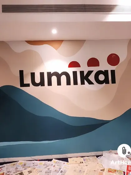 A custom branded mural for Lumikai in Gurgaon. We used the company's logo and a soothing, abstract landscape design to create a welcoming and professional feature wall.