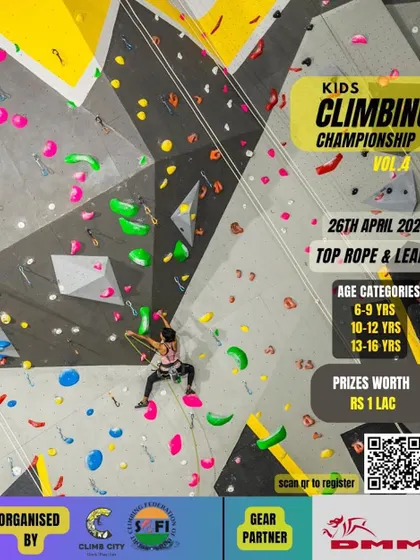 The official poster for our Kids Climbing Championship Vol. 4! This top rope and lead competition is organized under the aegis of the Sport Climbing Federation of India. It's a chance for young climbers to test their skills and win amazing prizes.