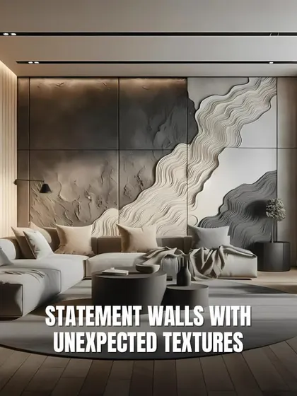 A statement wall with unexpected textures, like this 3D wave-like relief, can completely transform a living room, adding depth, movement, and a high-end artistic feel.