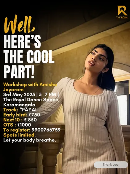The cool part. An announcement for a hip-hop workshop with Amisha Jayaram.