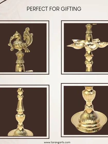 Detailed views of the Annapakshi brass lamp, highlighting the intricate craftsmanship of the bird finial and the lamp's elegant structure. This piece is a wonderful example of functional art, perfect for gifting.
