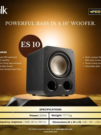 Specifications for the POLK Signature Elite ES10 Subwoofer. It features a 10-inch front-firing woofer and a 200-watt DSP-optimized Class D amplifier, delivering powerful bass from a compact, stylish enclosure.