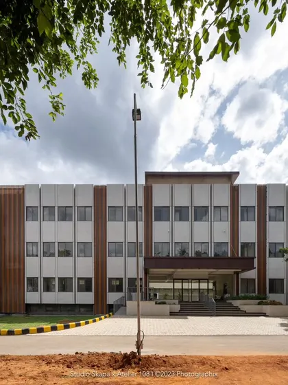 A direct frontal view of the completed Jindal Public School, showcasing the symmetrical and orderly design of the facade. We are grateful for the opportunity to have designed a building with such a significant community purpose.