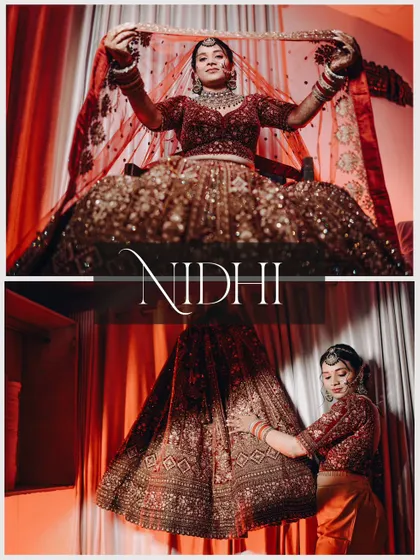 A creative collage of the bride, Nidhi, showcasing her magnificent lehenga. The top image shows her holding the veil, while the bottom captures the full flow of the skirt.