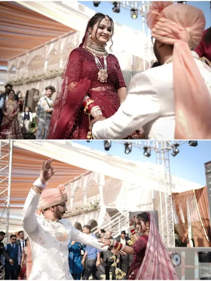 A collage capturing the energy of the wedding ceremony, from the bride's entrance to the couple dancing together, full of life and celebration.
