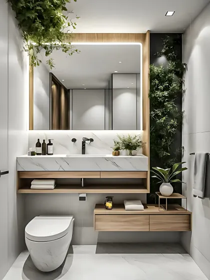 We designed this bathroom to be a refreshing, nature-inspired retreat. The space features a floating marble-finish vanity, warm wood tones, and integrated mirror lighting, complemented by lush greenery to create a spa-like feel right at home.