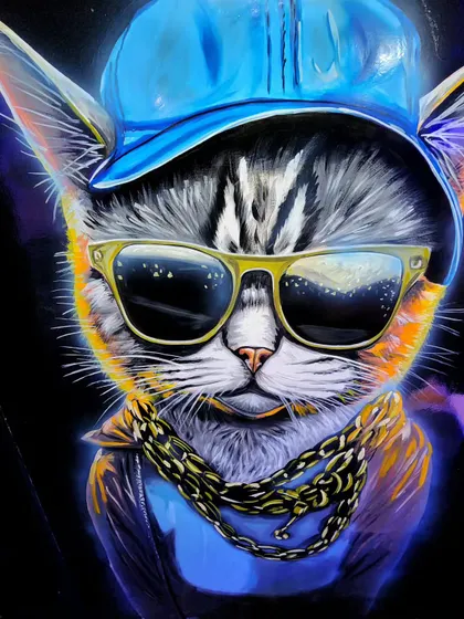 Another shot of the hip-hop cat mural under normal lighting.