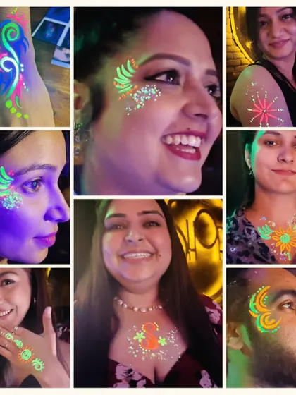 Let's glow! Here are some moments from a super fun neon party where we used glow-in-the-dark paint. This is a fantastic way to light up an evening party for adults or teens.