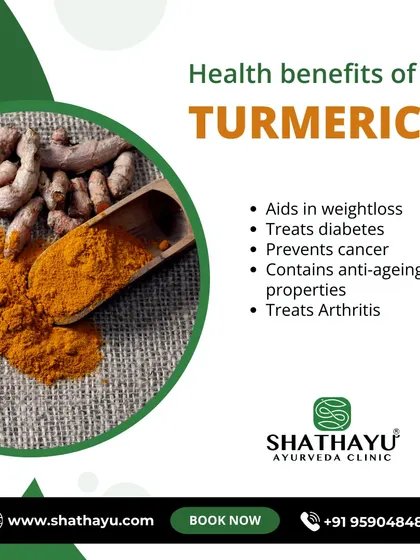 This graphic highlights the many health benefits of Turmeric, a powerful Ayurvedic spice. It aids in weight loss, helps manage diabetes, contains anti-aging properties, and can be used to treat arthritis.