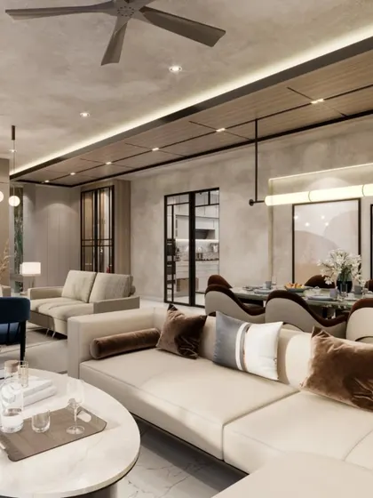 A render of a luxurious living and dining space, featuring Italian marble flooring, textured walls, and a sleek wooden ceiling panel. The design divides the area into formal and informal sections to meet the client's needs.