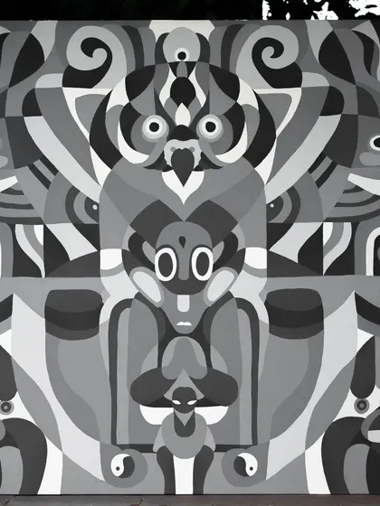 A piece from our new series 'Aab' (water), which explores the theme of water conservation. This monochrome canvas uses abstract, symmetrical forms to represent the life-giving and spiritual nature of water.