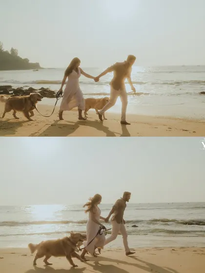 A collage showing a couple walking and running with their two dogs on a Goan beach at sunset. The warm, golden light and happy energy make this a perfect memory from a family and couple photoshoot.