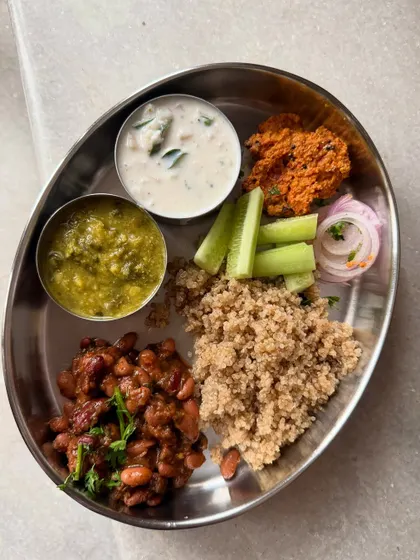 This is what a joyful, balanced meal looks like for me. This plate features banana stem raita and chutney, quinoa, and rajma. In my workshops, we explore how to use traditional ingredients like banana stem for modern health goals like blood sugar balance and detoxification.