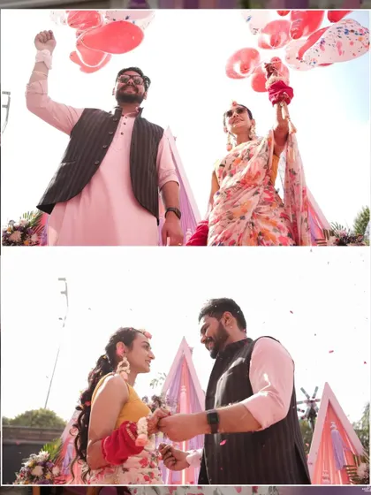 A collage capturing the grand moments of a Haldi ceremony, from releasing balloons to the couple sharing a look, all under the bright sun.