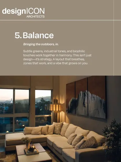 This living room achieves balance by bringing the outdoors in. The large window frames a city view at dusk, while the large sectional sofa and warm lighting create a cozy, inviting atmosphere perfect for unwinding.