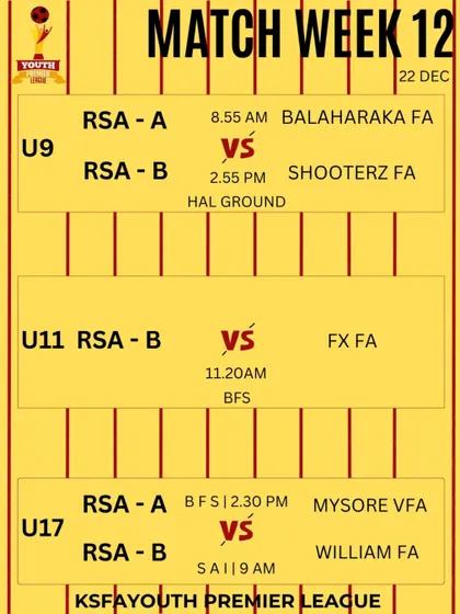 Match week 12 fixtures for our U9, U11, and U17 teams in the KSFA YPL.