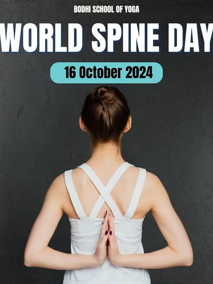 A graphic celebrating World Spine Day. We offer live yoga therapy sessions specifically designed to relieve back pain and strengthen your spine.