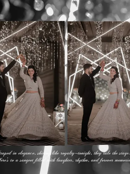 The couple's first dance at their Sangeet. This collage captures the graceful twirl and the romantic atmosphere, with a glittering backdrop that adds to the magic of the moment.