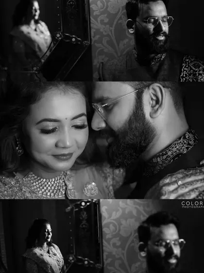 A black and white collage showing various candid and posed moments from an evening event.