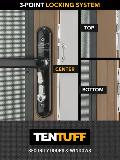 At the core of our security is the 3-Point Locking System. With a single turn, the door is secured at the top, middle, and bottom, creating a uniform, fail-proof grip. This detailed view shows the robust mechanism, including the jemmy-resistant plate, that makes our doors a formidable barrier against forced entry.