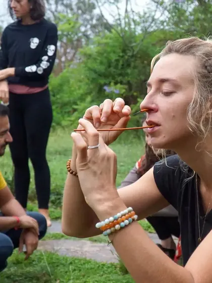 A student in our 300-hour Advanced YTT practices Sutra Neti, a traditional yogic cleansing technique for the nasal passages.