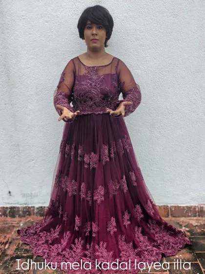 A full-length shot of the purple gown, showing its incredible detail and flow. I felt like a character from a fairy tale.