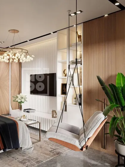 A closer view of the hanging swing chair, a unique feature that adds a touch of playful comfort to this modern bedroom. It's an invitation to unwind and escape.