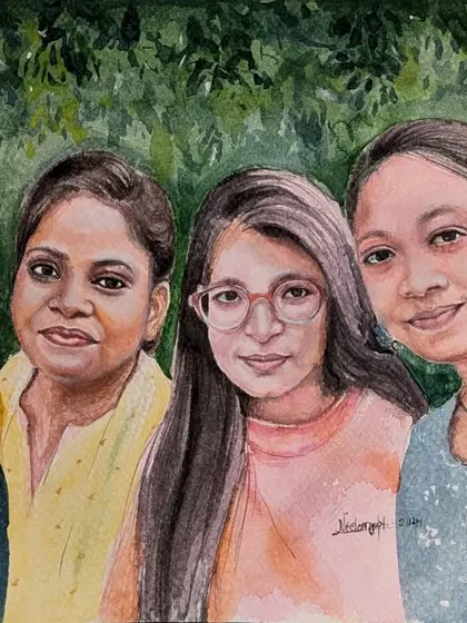A friendship captured forever in soft, dreamy watercolors. This group portrait was a special commission to celebrate a timeless bond, painted to reflect the warmth and happiness of their connection.