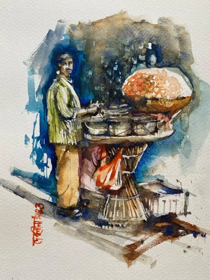'Paanipuri' is love. This watercolor sketch of a street food vendor is a tribute to India's favorite snack, a subject that always wins my heart.