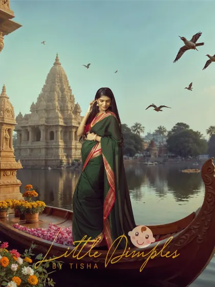 Creating a touch of magic with this traditional saree portrait. The edited background of a temple by the water adds a divine and serene quality to the image.