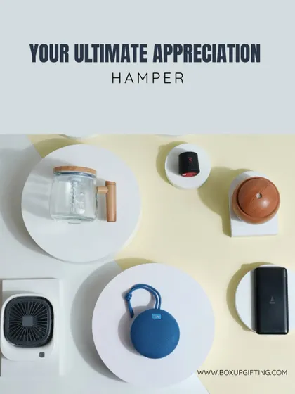 Your ultimate appreciation hamper can be built from our wide range of electronic gadgets. This image displays a mini fan, a Bluetooth speaker, a power bank, and more.