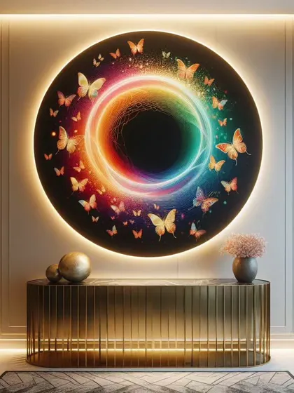 Make a bold statement with a backlit art installation. This piece, featuring an Enso circle and butterflies, combines modern neon lighting with spiritual symbolism. It's a perfect example of how we can create a captivating focal point for a foyer or contemporary living space.