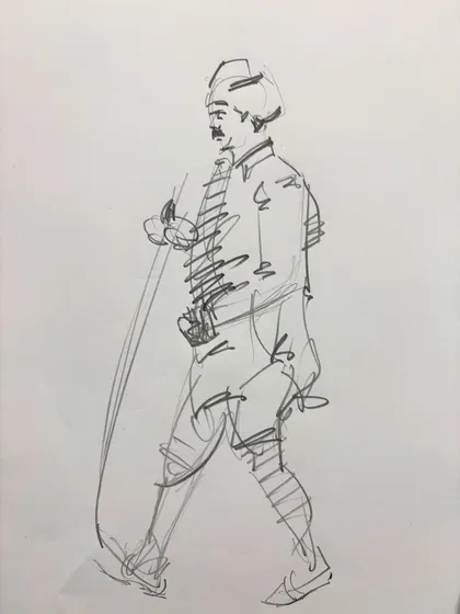 A walking figure sketch, focusing on capturing the rhythm and movement of the body.
