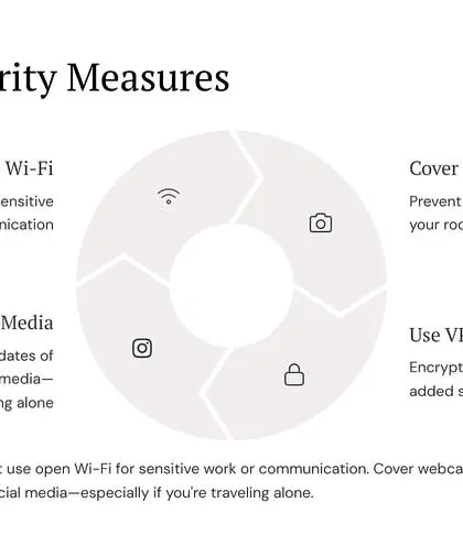 Digital security is also crucial, especially when traveling. Avoid open Wi-Fi, cover webcams, limit social media updates about your location, and use a VPN to protect yourself from digital threats.
