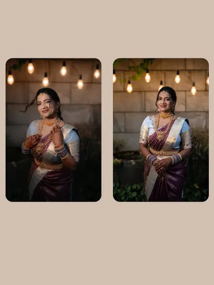 A diptych of the bride under warm, ambient lights. These portraits have a soft, romantic feel, highlighting her joy and anticipation on her engagement day.
