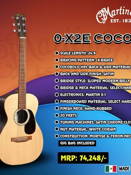 An overview of the Martin 0-X2E Coco, a concert-sized acoustic-electric. It features a cocobolo-pattern HPL body and Martin E-1 electronics, offering a unique look and great plugged-in sound.