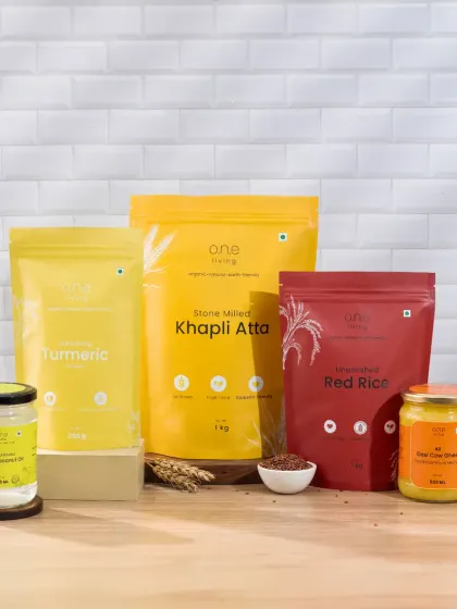 Another angle of our kitchen setup for One Living. This composition showcases their range of flours, rice, and oils, styled with raw ingredients to emphasize their natural and organic quality.