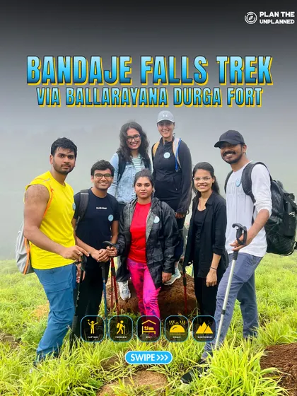 A poster for the Bandaje Falls trek, inviting you to conquer the Ballarayanadurga Fort and witness the falls.