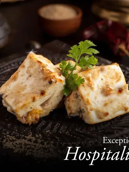 A close-up of our succulent paneer tikka, lightly charred and garnished with fresh cilantro, representing our mastery of traditional Indian flavors.