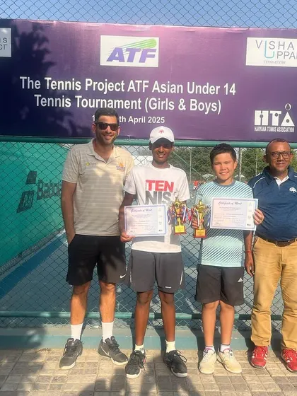 Our player stands with his trophies after a successful week at The Tennis Project ATF Asian Under 14 Tournament, where he placed 3rd in singles and was the runner-up in doubles.
