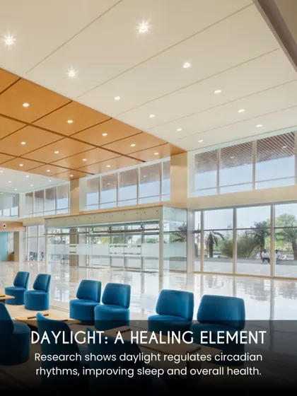 Research shows that daylight regulates circadian rhythms, improving sleep and overall health. This waiting area is designed with floor-to-ceiling windows to maximize natural light exposure for patients and visitors.