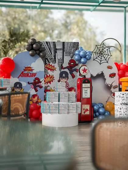 This is how I bring a superhero universe to life. Every detail in this setup, from the comic book-style backdrops to the character cutouts and themed props, is meticulously planned to create an immersive and action-packed birthday experience.
