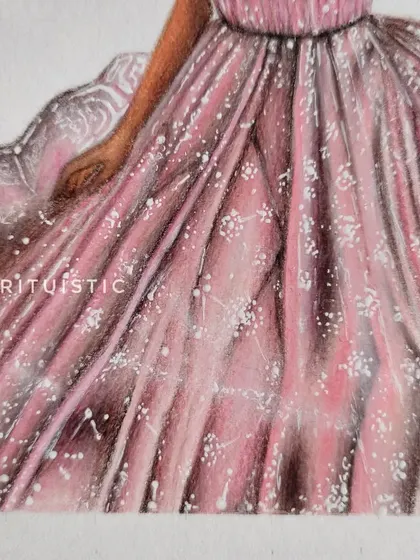 A detail shot focusing on the flowing skirt of the pink dress, showing the tiny white dots I added with a gel pen to create a sparkling effect.